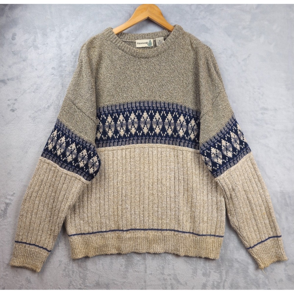 Vintage Fieldmaster Sweater Men's XL Beige Blue Fair Isle Nordic Crew Pullover